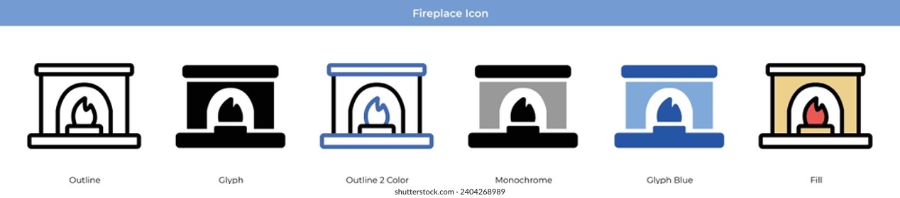 Fireplace Christmas Icon Set Vector