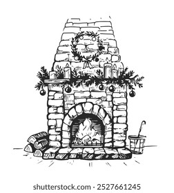 Fireplace christmas, outline, monochrome vector drawing, engraving style