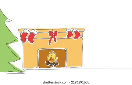 Fireplace with Christmas socks and eve tree in color. Hand draw line art, outline, one line, vector illustration