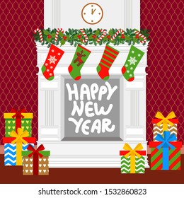 Fireplace with Christmas socks and gift boxes, inscription "happy new year".  New Year and Christmas background, vector