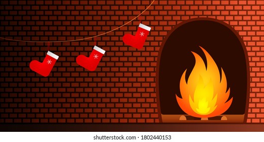 Fireplace and Christmas socks on brick wall. Vector illustration.