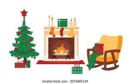 
Fireplace, Christmas tree, armchair with a blanket and a pillow. Christmas fireplace with gifts, garland, wreath and candles. Flat style illustration illustration.