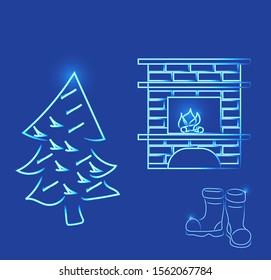 fireplace, christmas tree, boots, winter vector illustration