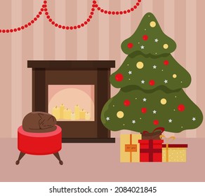 Kamin und Weihnachtsbaum zu Hause. Flachstil