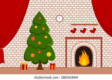 Fireplace and Christmas tree. Vector illustration.