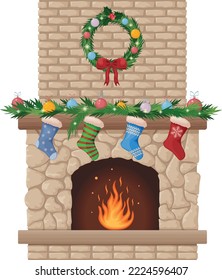 Fireplace. Christmas fireplace with a Christmas wreath and socks for gifts. Fireplace with fire and festive decorations. Vector illustration