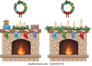Fireplace. Christmas fireplace with a Christmas wreath and socks for gifts. Fireplace with fire and festive decorations. Vector illustration