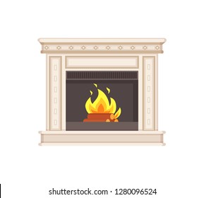 Fireplace with classic ornaments and columns isolated icon vector. Flames and wooden logs in fire branches and warmth of heat. Home interior furniture