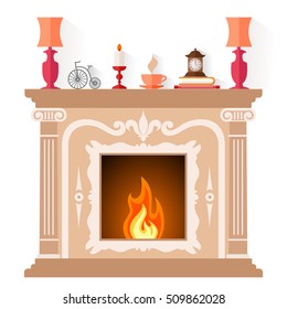 Fireplace in classic style isolated on white background. Flat vector illustration. Fireside design template.