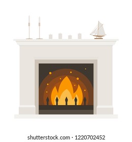 Fireplace in classic style on a white background. Cozy home. Family hearth. Vector flat illustration