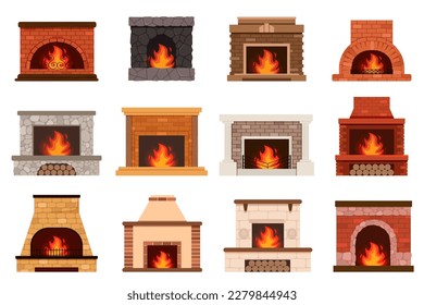 Fireplace color flat icons set. Fireplaces and hearths design elements set. Collection of various fireplaces. Home fireplace collection