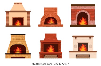 Fireplace color flat icons set. Fireplaces and hearths design elements set. Collection of various fireplaces. Home fireplace collection