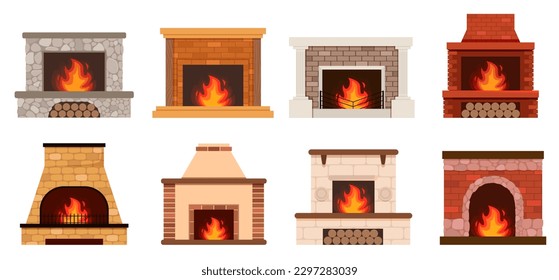 Fireplace color flat icons set. Fireplaces and hearths design elements set. Collection of various fireplaces. Home fireplace collection