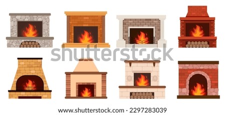 Fireplace color flat icons set. Fireplaces and hearths design elements set. Collection of various fireplaces. Home fireplace collection
