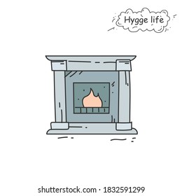 Fireplace color icon. Coziness, hominess atmosphere in simple things. Hygge life. Cozy home concept. Scandinavian styled lounge decor and interior element. Isolated vector illustration 