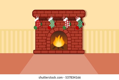 Fireplace with colorful stocking for christmas flat vector design