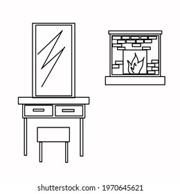 Fireplace, comfort, heating, fire, console, chest of drawers, mirror. Part of a set of furniture and interior accessories. Isolated vector objects.