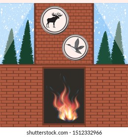 Fireplace in a country house, brick wall, forest outside the window, snowfall, elk portraits, wild duck - illustration, vector. Christmas. New Year. Winter outdoor recreation.