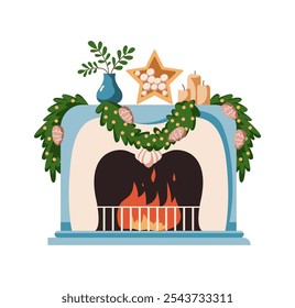 Fireplace with crackling fire and Christmas festive decorations flat color vector object. Welcoming holiday hearth illustration on white background