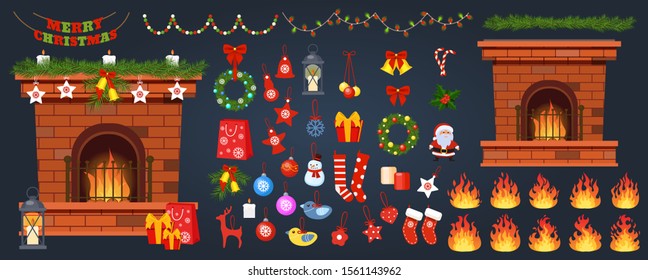 Fireplace Decor Vector Warm Fire Place Decoration Garland, Socks, Santa And Gifts On Christmas Celebration. Illustration Set Of Burning Firewood And Glowing Fire Flame On Xmas Isolated On Background.