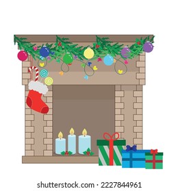 Fireplace decorated with Christmas attributes, winter holiday decor, isolate on white background, flat vector