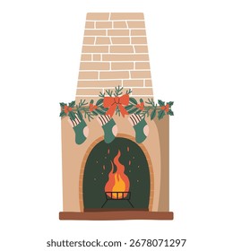 Fireplace decorated for Christmas. Christmas interior.