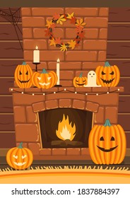 Fireplace decorated for Halloween. Pumpkins, candles, and wreath of autumn leaves. Cartoon style. Vector illustration.