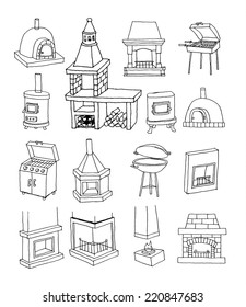    fireplace doodle set, vector illustration