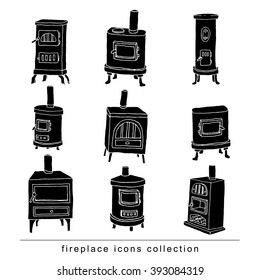 fireplace doodle set, vector illustration black color 
