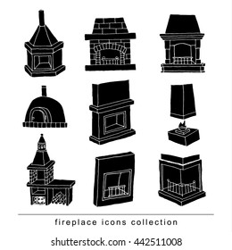    fireplace doodle set, vector illustration black