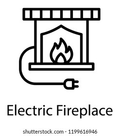 Fireplace with electrical plug, electric fireplace line icon design 