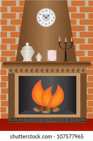 fireplace with a fire burning against a brick wall