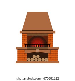 Fireplace, fire is burning in the fireplace, firewood is lying.Vector illustration.