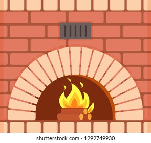 Fireplace with fire burning inside brick arch, vector closeup. Decoration of home interior and furniture helping to warm up in winter, wooden fuel flame
