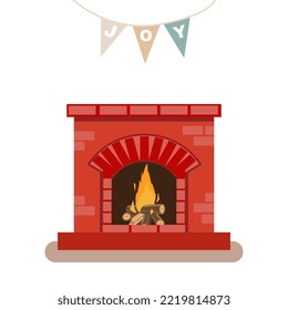 Fireplace with fire. Christmas card. Vector illustration in flat cartoon style.