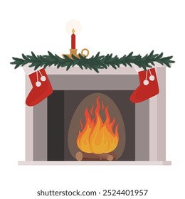 Fireplace with fire and Christmas decorations, holidays and celebrations concept