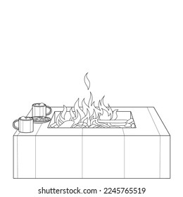 Fireplace, fire, cookies, drinks. Black and white vector image. Coloring.
