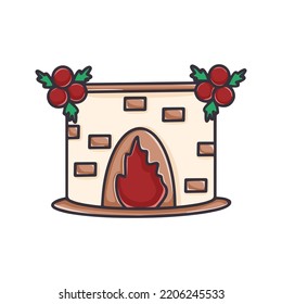 Fireplace With Fire Decorated With Balls And Fir Branches Cartoon Clipart. Christmas Hearth On New Years Eve Isolated Vector Illustration