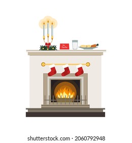 Fireplace with fire, decorated with candlestik and candles. Cookies and milk for Santa Claus, carrot for deer. Cute vector illustration in flat stile isolated on white background. 
