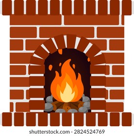 Fireplace fire flame brick hearth masonry Brick fireplace with glowing fire flame inside arched hearth, warm rustic home interior decoration concept, cozy winter heating with wood log and ember
