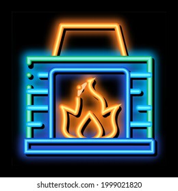 Fireplace With Fire Flame Heating Equipment neon light sign vector. Glowing bright icon transparent symbol illustration