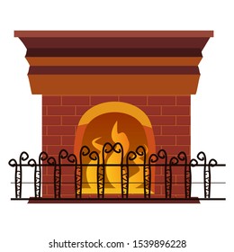 Fireplace with fire inside the grate. An element of the interior of a living room. Vector illustration isolated cartoon style