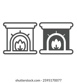 Fireplace with fire line and solid icon, happy christmas concept. Vector graphics. Fireplace chimney, arch interior sign on white background, outline style icon for mobile or web design