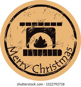 Fireplace with fire logo on craft paper background vector round shabby emblem design. Hearth silhouette, old retro style. Mail stamp isolated. Round seal imitation. Vintage grunge icon stamp. Christma