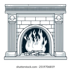 Fireplace with fire monochrome vintage element with flame and wood inside home fireplace decorating living room interior vector illustration