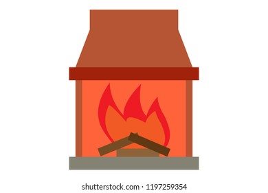 Fireplace with fire on.