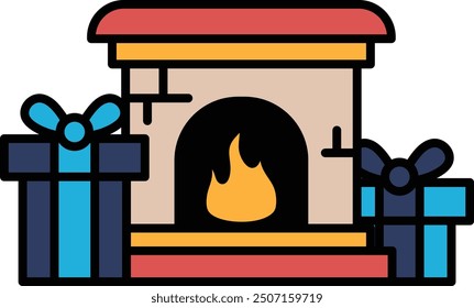 Ein Kamin mit einem Feuer darin und präsentiert sich daneben. Der Kamin ist von einem Mantel umgeben und ein Mantel ist auch von Geschenken umgeben