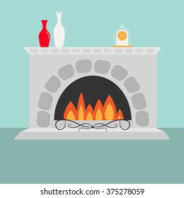 Fireplace with fire. Vase set and clock. Flat design. Vector illustration