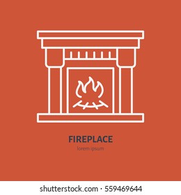 Fireplace with fire vector line icon, house heating equipment. Interior object flat sign, design element