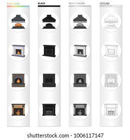 Fireplace, fire, warmth and comfort. Different kinds of fireplace set collection icons in cartoon black monochrome outline style vector symbol stock Isometric illustration web.